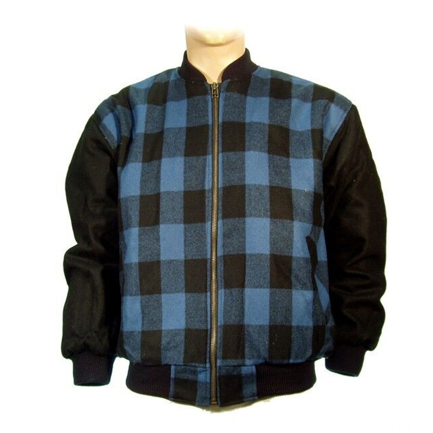 Bomber Jacket Lumber Checked Harrington Coat Blue With Black Sleeves