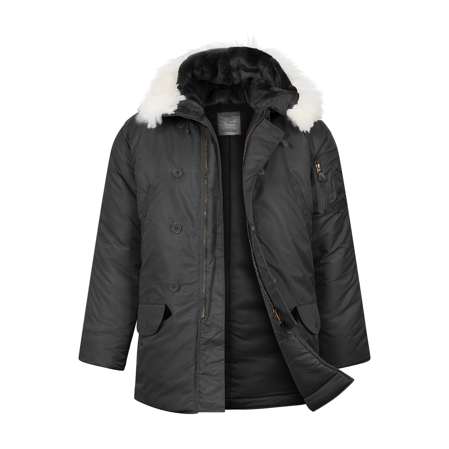 N-3B Parka Hooded Jacket Winter Padded Long Coat Black With White Fur