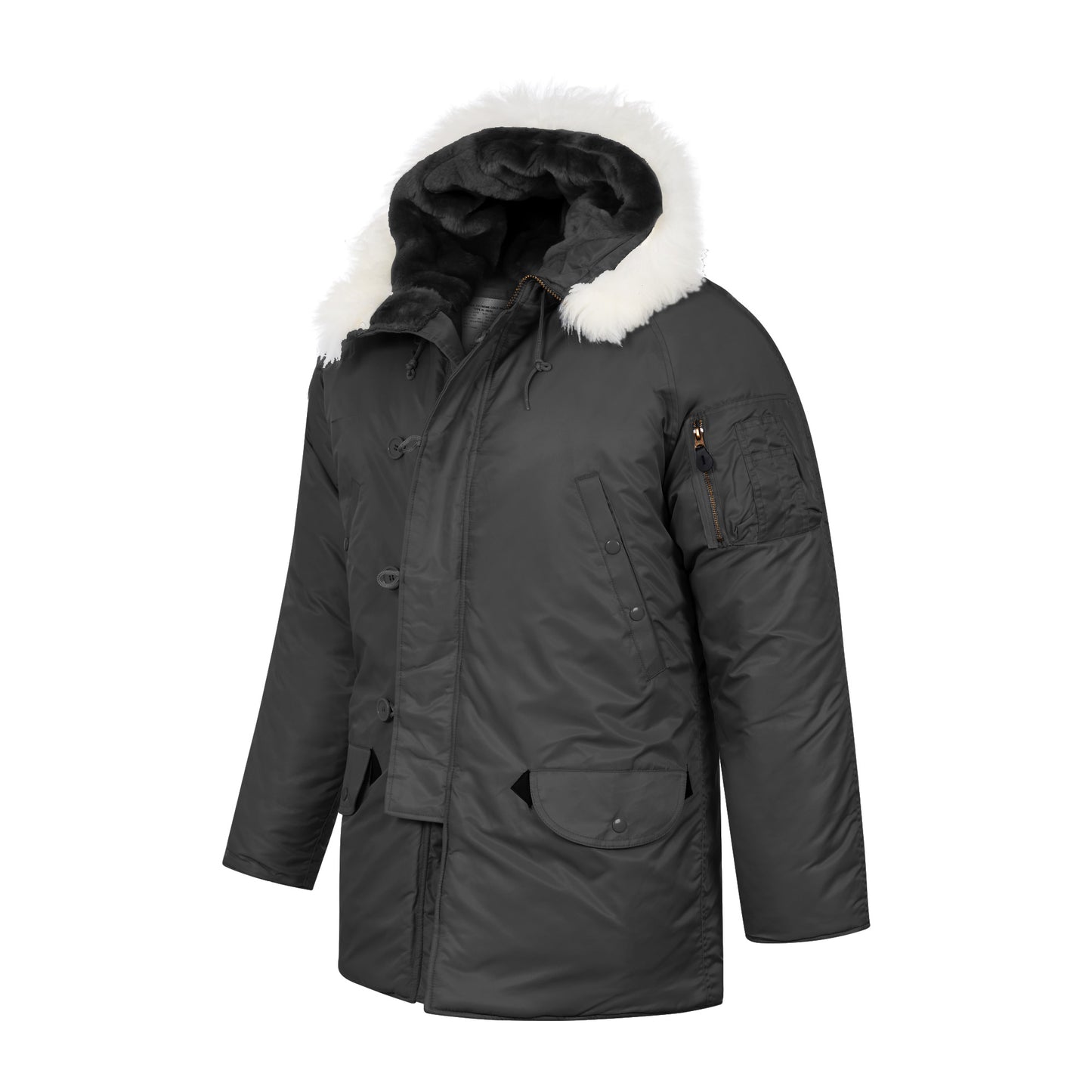 N-3B Parka Hooded Jacket Winter Padded Long Coat Black With White Fur