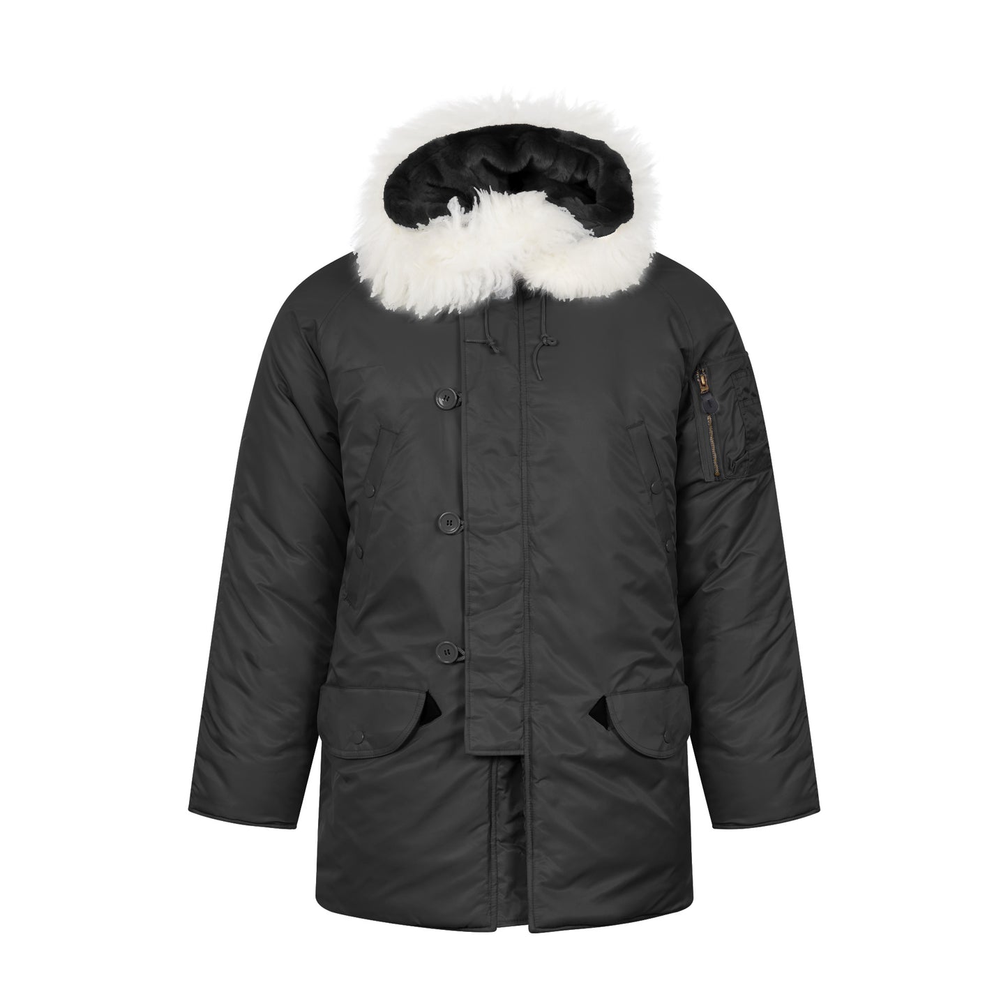 N-3B Parka Hooded Jacket Winter Padded Long Coat Black With White Fur