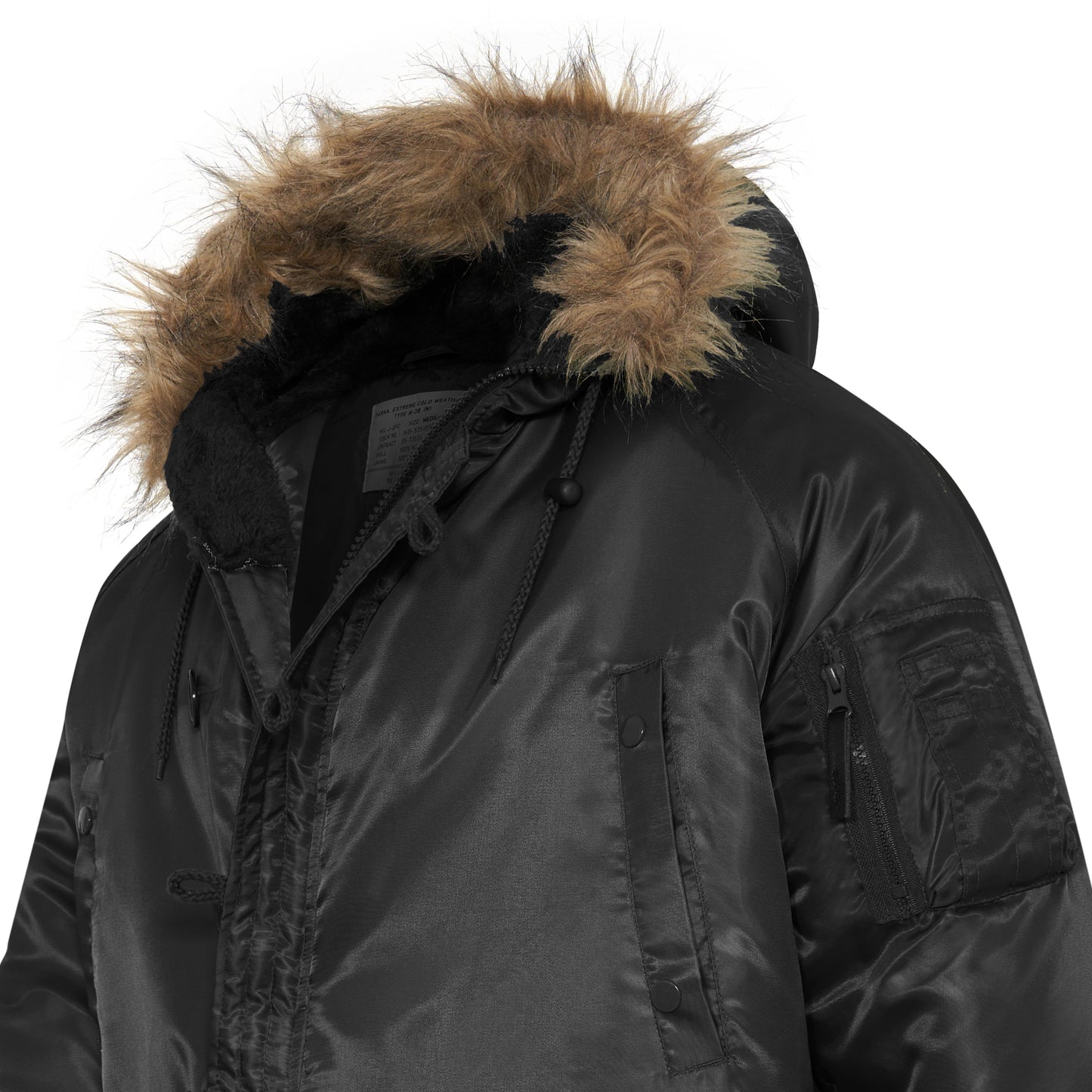 N-3B Parka Hooded Jacket Winter Padded Long Coat Black With Brown Fur