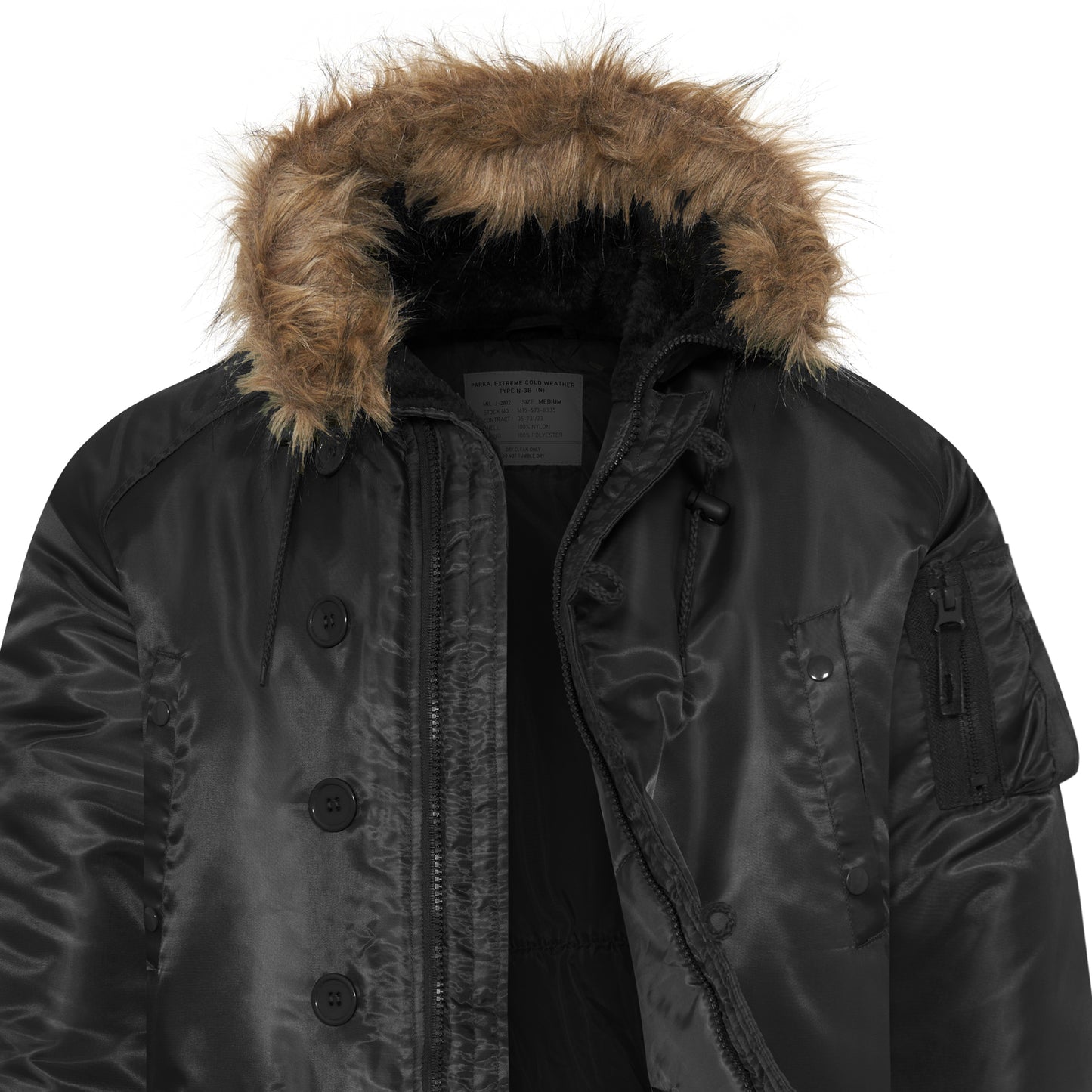 N-3B Parka Hooded Jacket Winter Padded Long Coat Black With Brown Fur