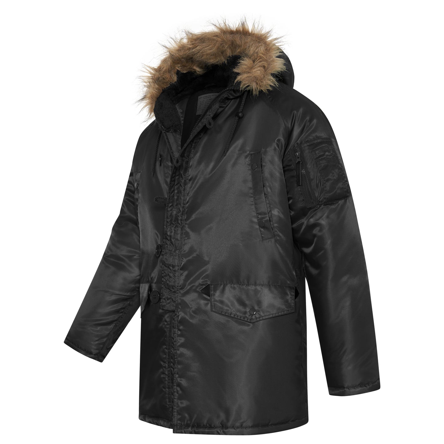 N-3B Parka Hooded Jacket Winter Padded Long Coat Black With Brown Fur