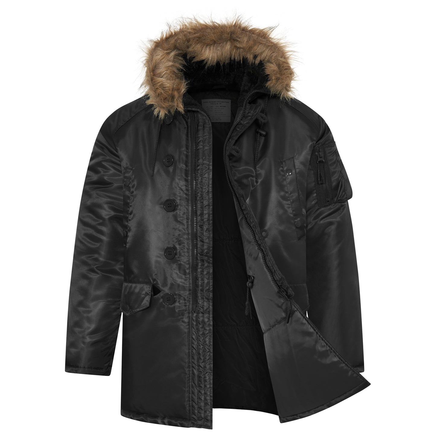 N-3B Parka Hooded Jacket Winter Padded Long Coat Black With Brown Fur