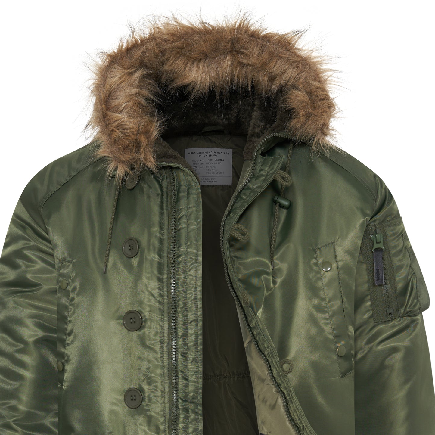 N-3B Parka Hooded Jacket Winter Padded Long Coat Olive With Brown Fur