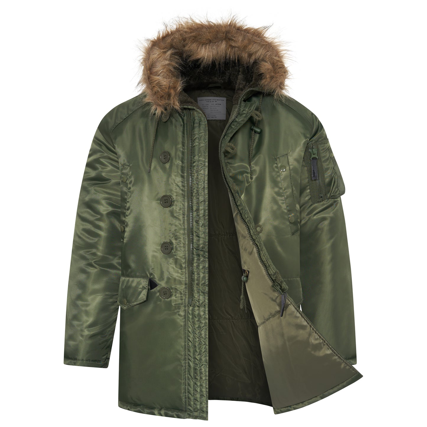 N-3B Parka Hooded Jacket Winter Padded Long Coat Olive With Brown Fur