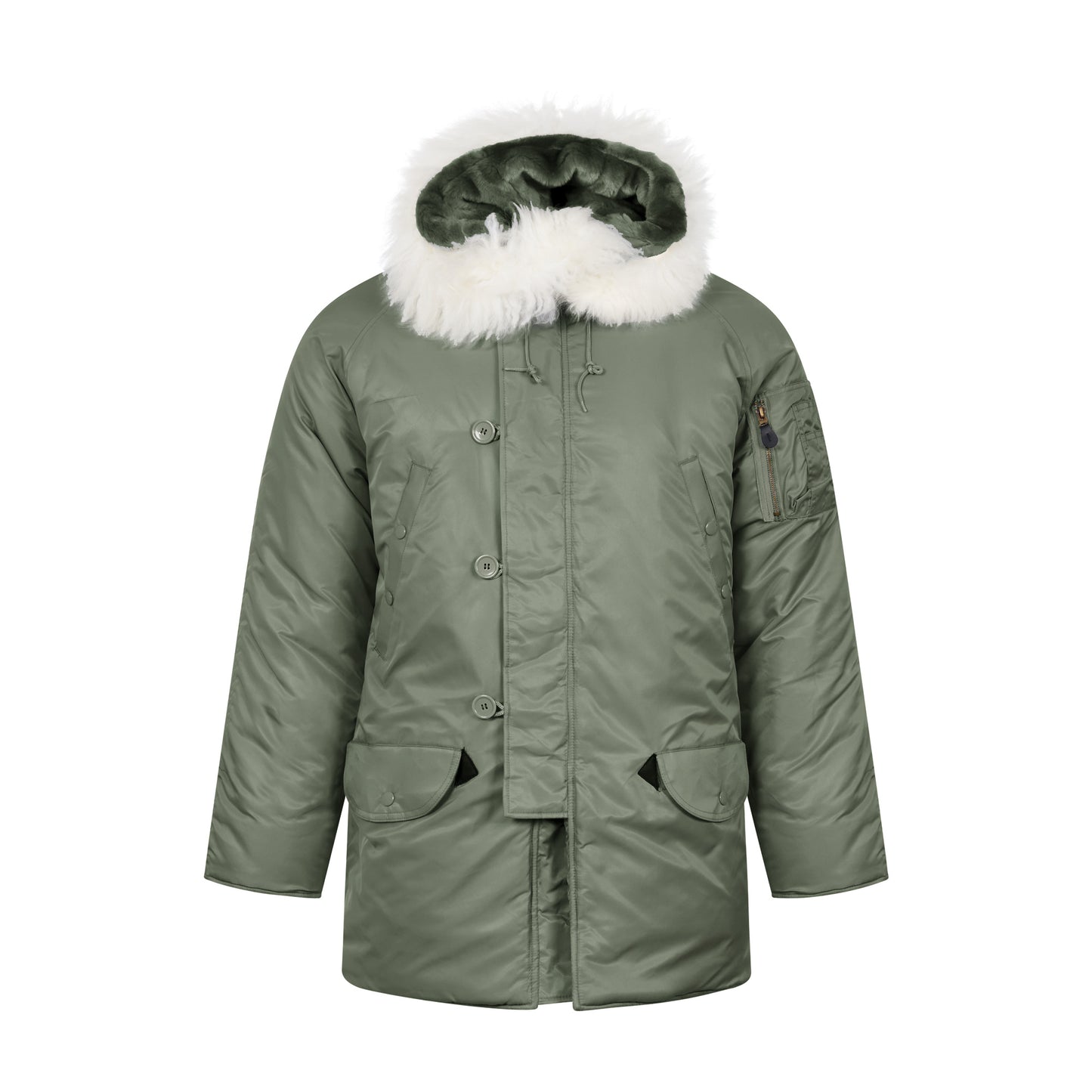 N-3B Parka Hooded Jacket Winter Padded Long Coat Olive With White Fur