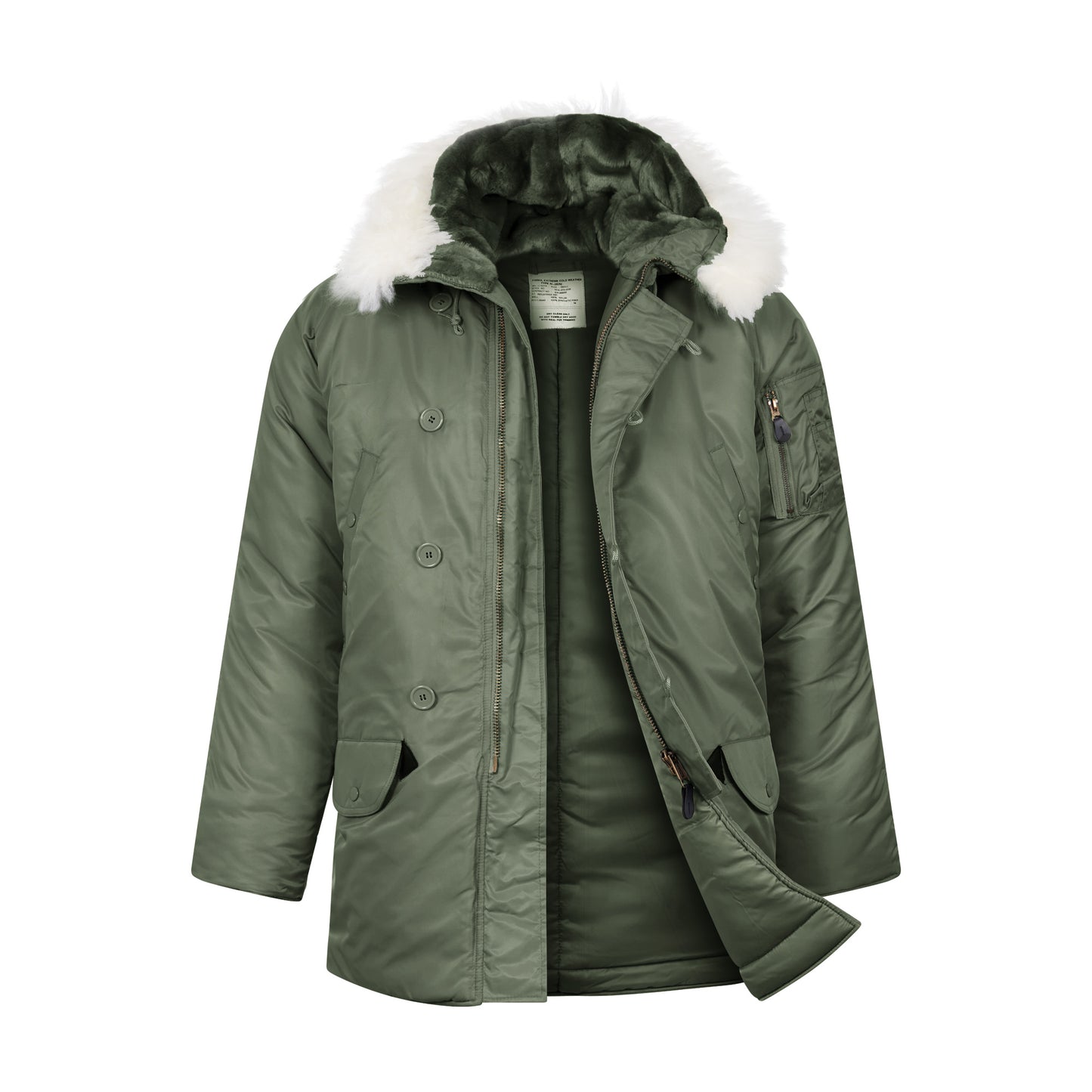 N-3B Parka Hooded Jacket Winter Padded Long Coat Olive With White Fur