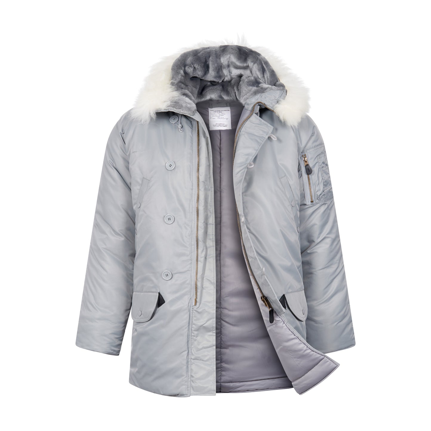 N-3B Parka Hooded Jacket Winter Padded Long Coat Silver With White Fur