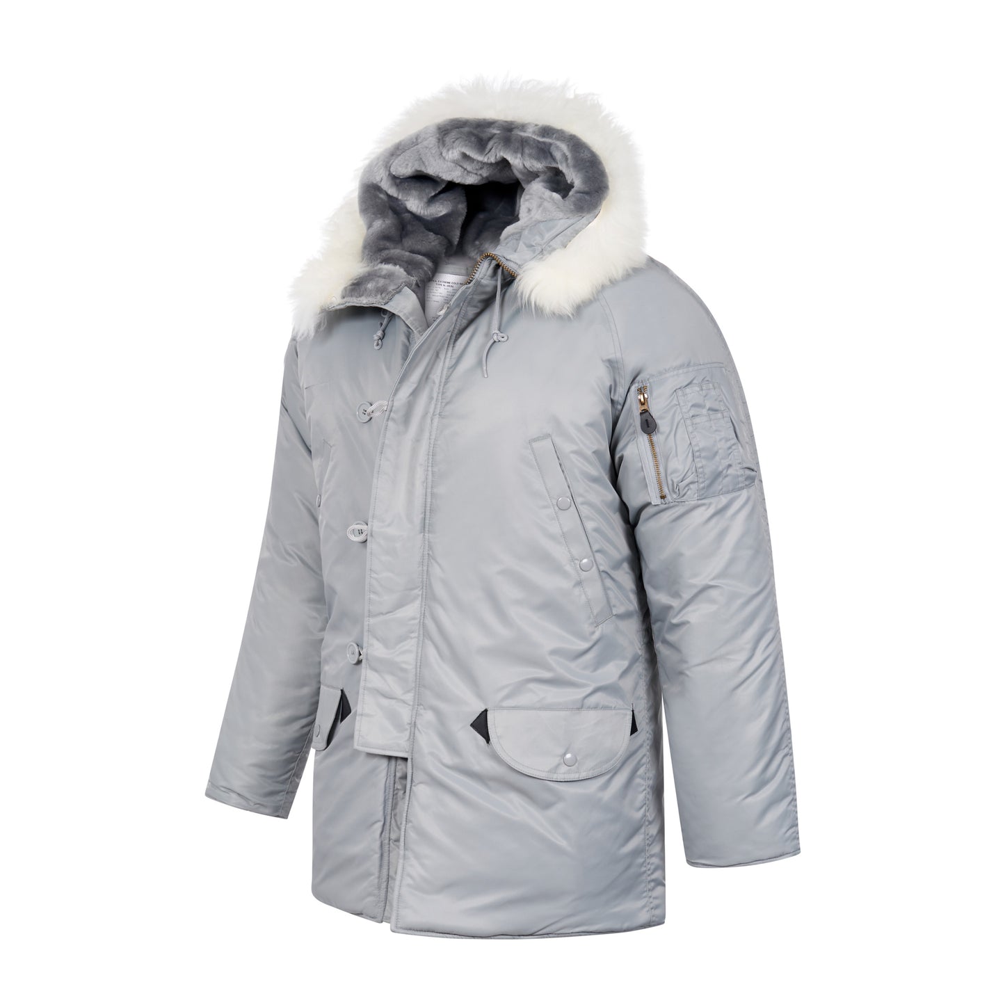 N-3B Parka Hooded Jacket Winter Padded Long Coat Silver With White Fur