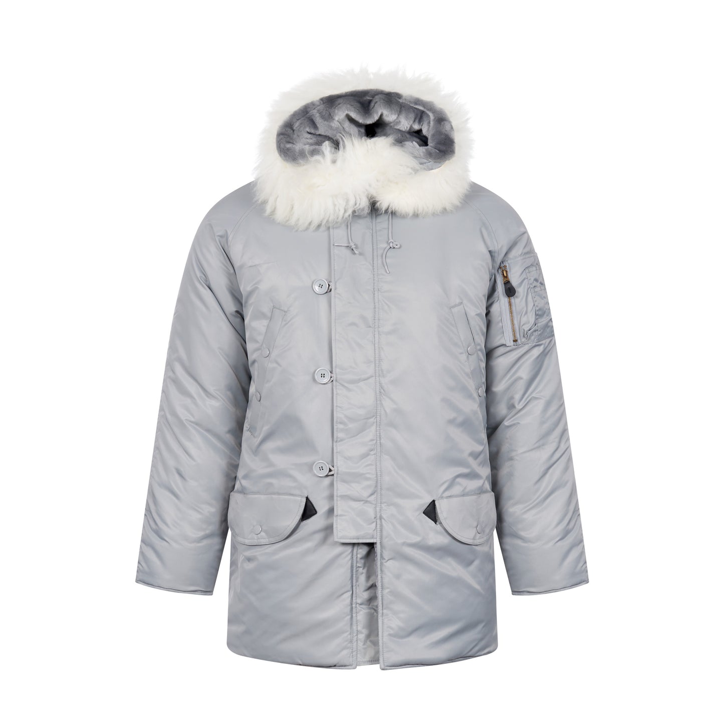 N-3B Parka Hooded Jacket Winter Padded Long Coat Silver With White Fur