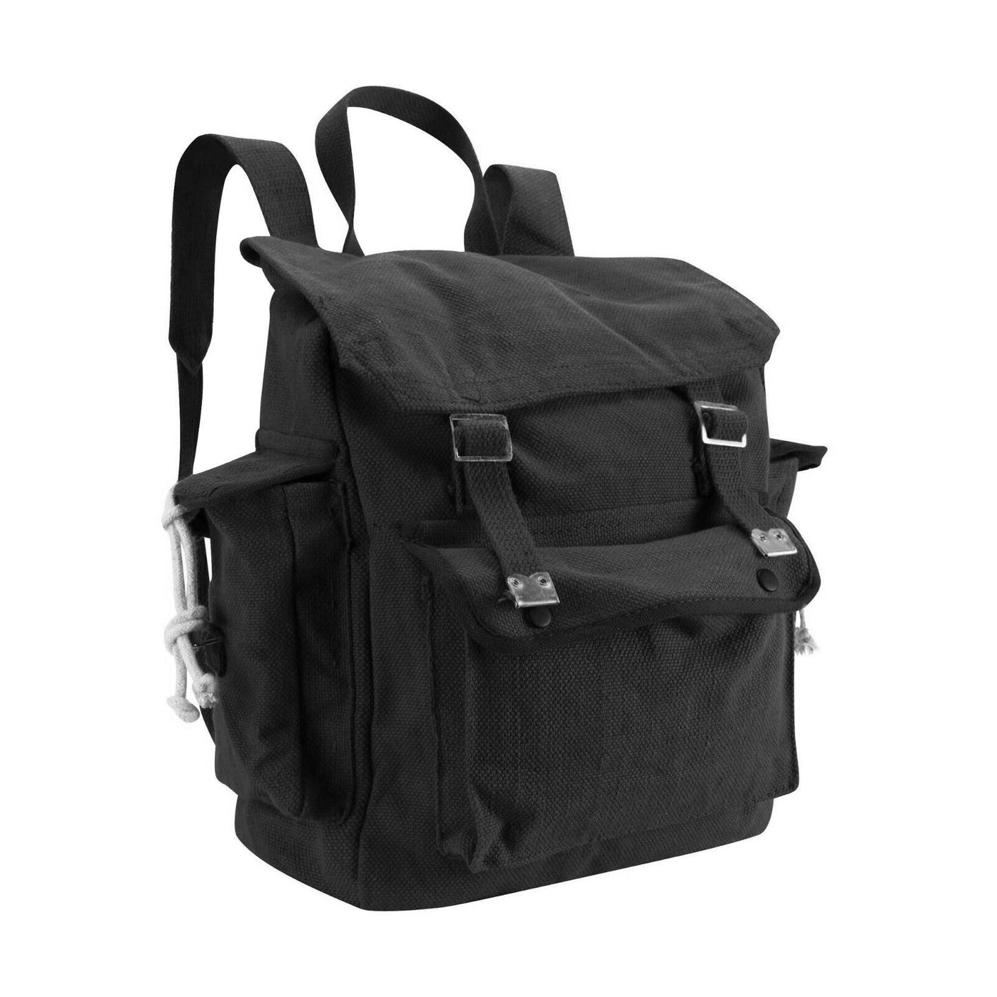 Army Rucksack Military Vintage Style Canvas Backpack Black with Black Buckles