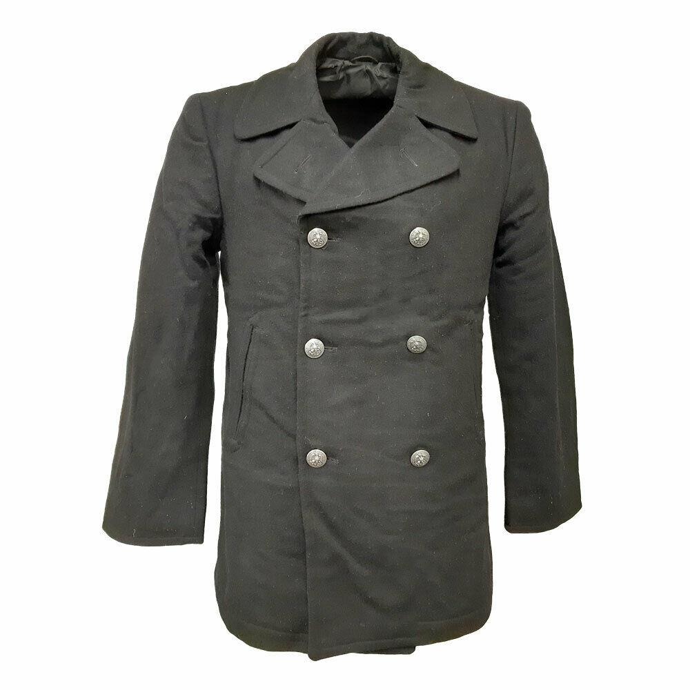 Original US Army Pea Coat Military Vintage Jacket Silver Buttons Black