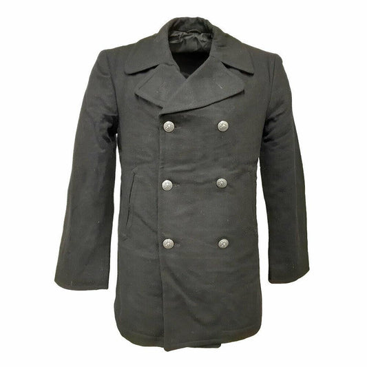 Original US Army Pea Coat Military Vintage Jacket Silver Buttons Black
