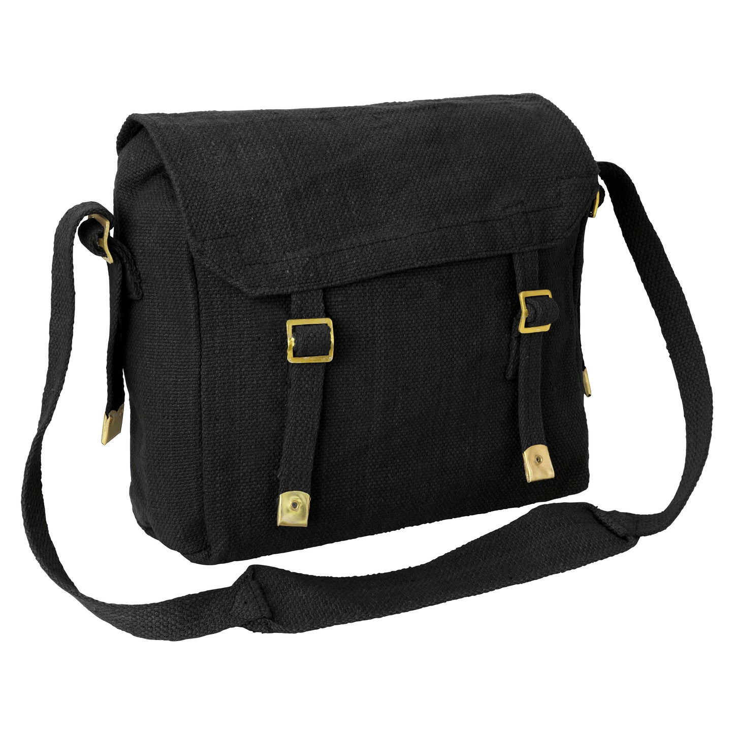 Army Bag Military Vintage Style Canvas Haversack Medium Black / Brass Buckle