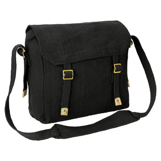 Army Bag Military Vintage Style Canvas Haversack Medium Black / Brass Buckle