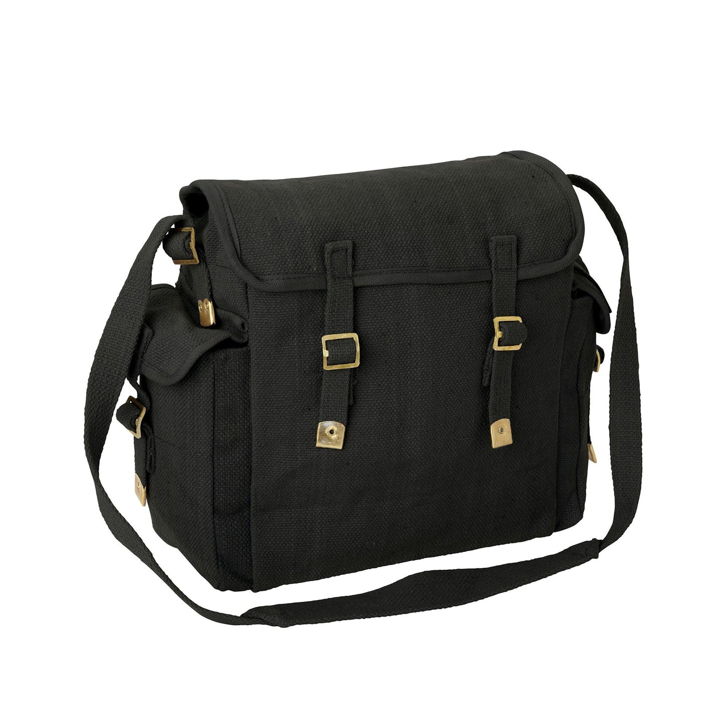 Army Bag Military Vintage Style Canvas Haversack Large Black / Brass Buckle