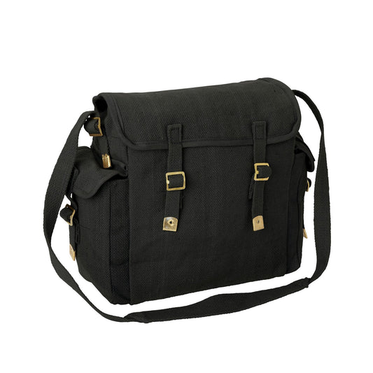 Army Bag Military Vintage Style Canvas Haversack Large Black / Brass Buckle