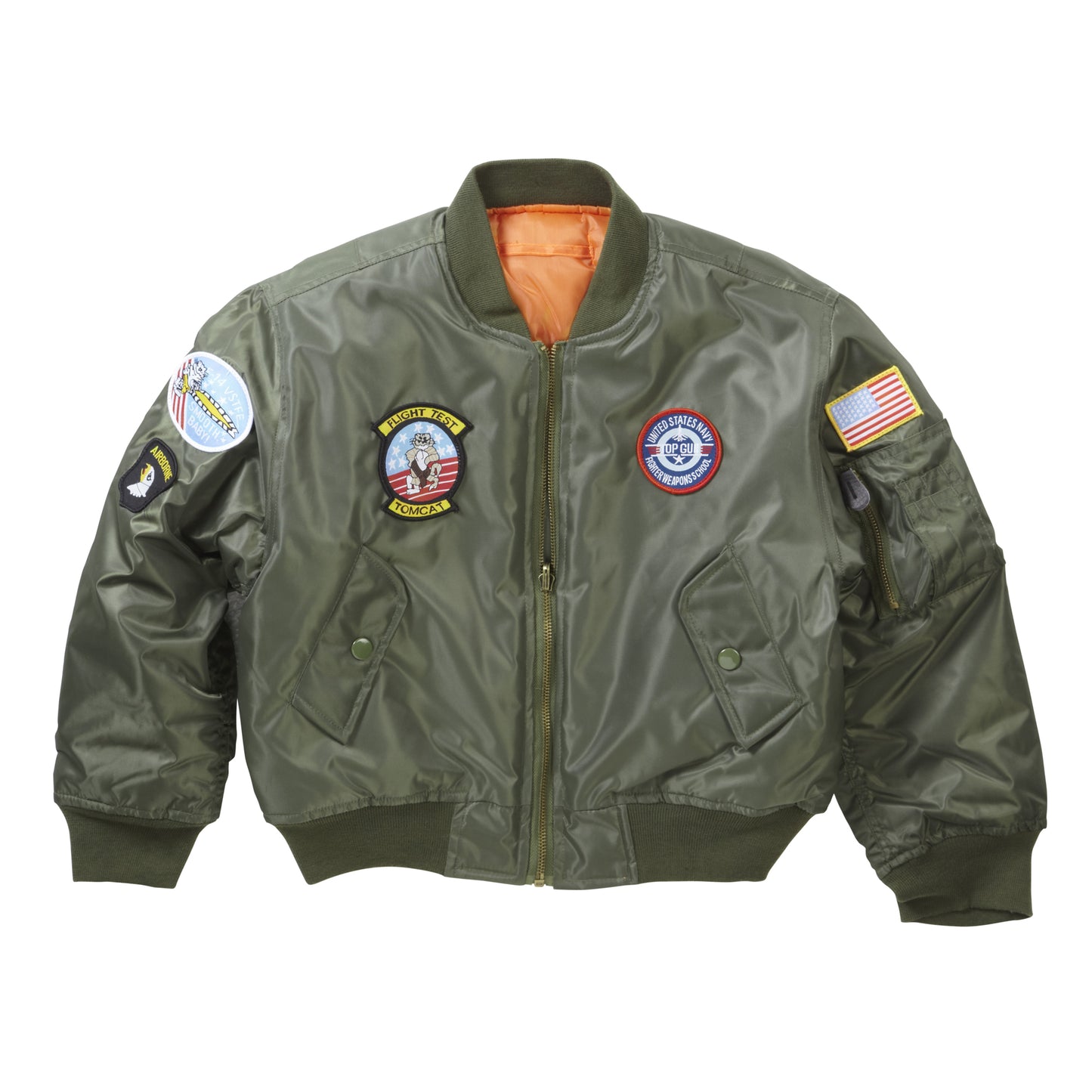 Kids Flight Jacket Top Gun Badges Air Force Bomber Olive