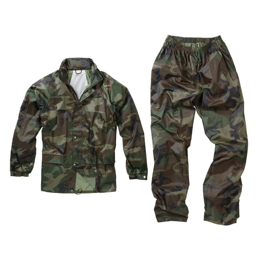 Waterproof Jacket Trouser Set Raincoat Hiking Camping Outerwear Woodland Camo