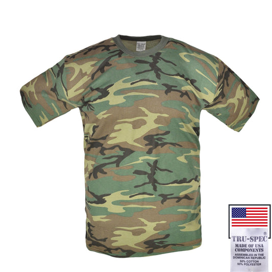 Army T-Shirt US Tru Spec Combat Cotton Short Sleeve Top Woodland Camo